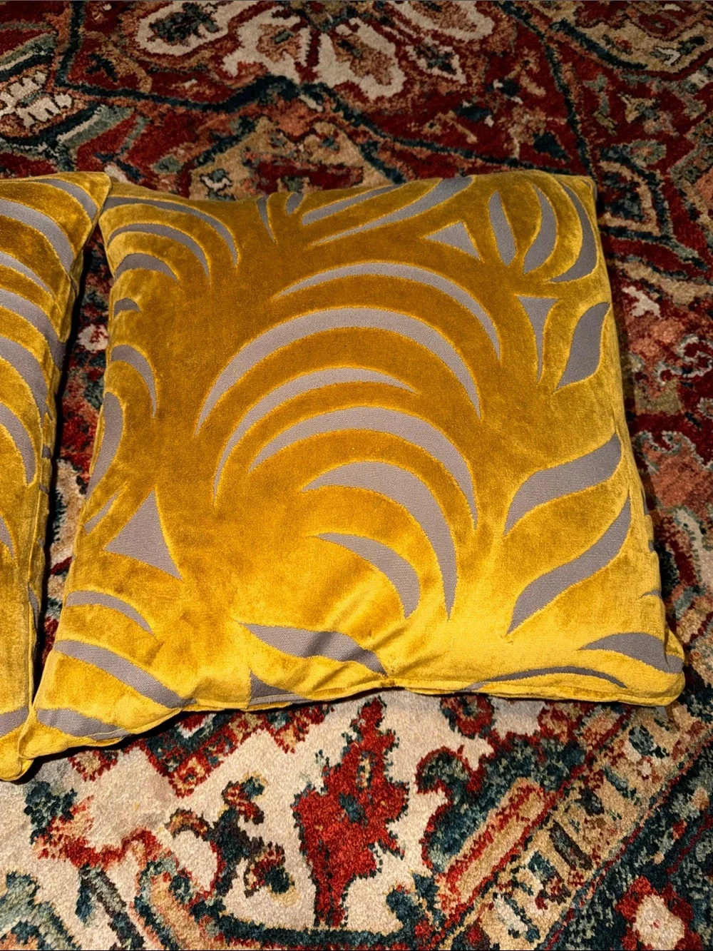 Source Unknown Mustard Yellow Velvet Accent Pillow Pair with Taupe Cutout Design